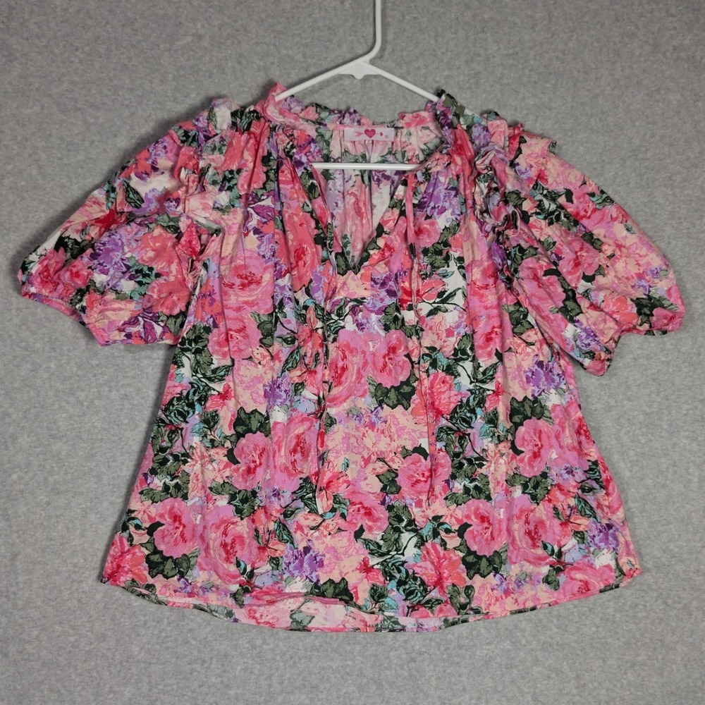 BuddyLove Blouse Women XL Pink Floral Ruffle Puff Sleeve Cotton Garden Party